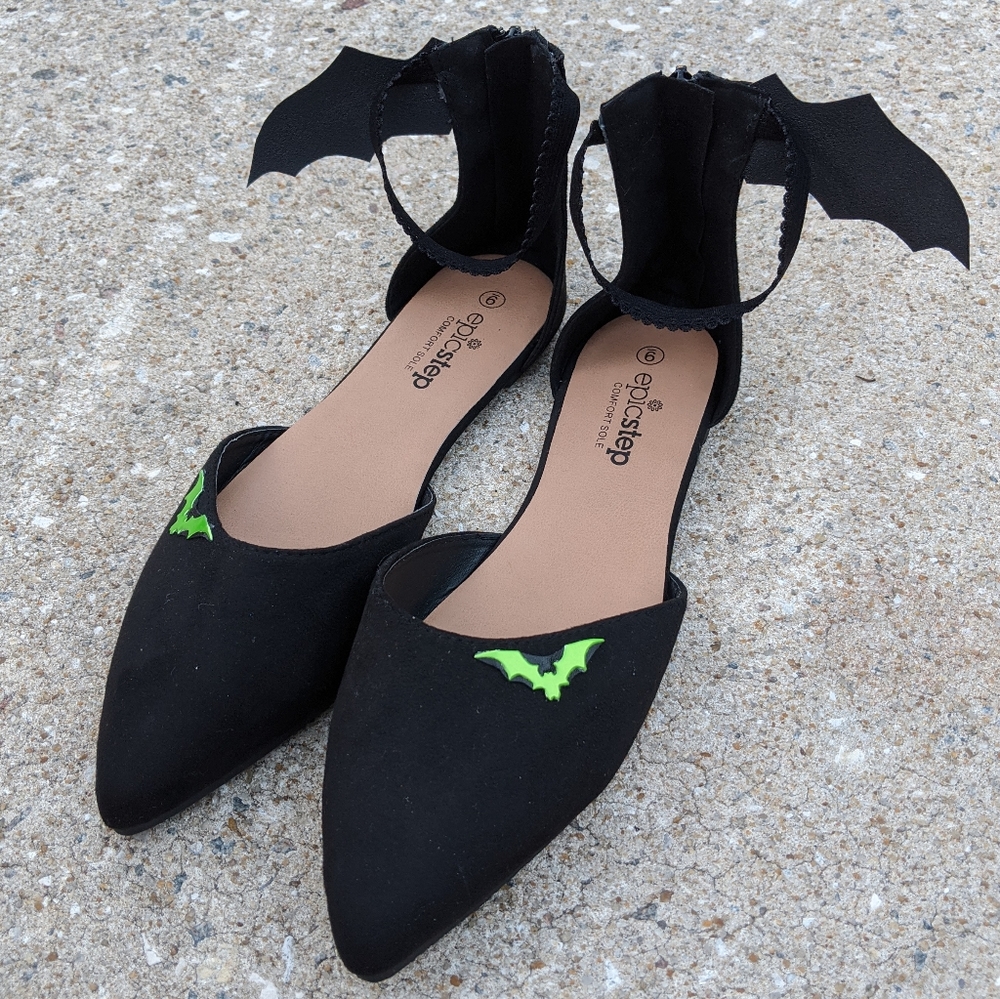 Pointy Black Faux Suede Bat Flats